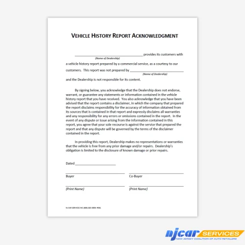 Vehicle History Report Acknowledgment
