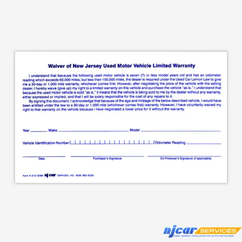 Waiver of NJ Used Motor Vehicle Limited Warranty